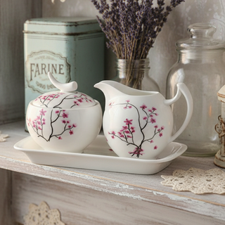 Milchkännchen u. Zuckertopf m. Tablett  "Cherry Blossom", Bone China