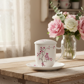 Kräuterteetasse "Cherry Blossom" mit Filter, 0,35 l, 4tlg., Bone China